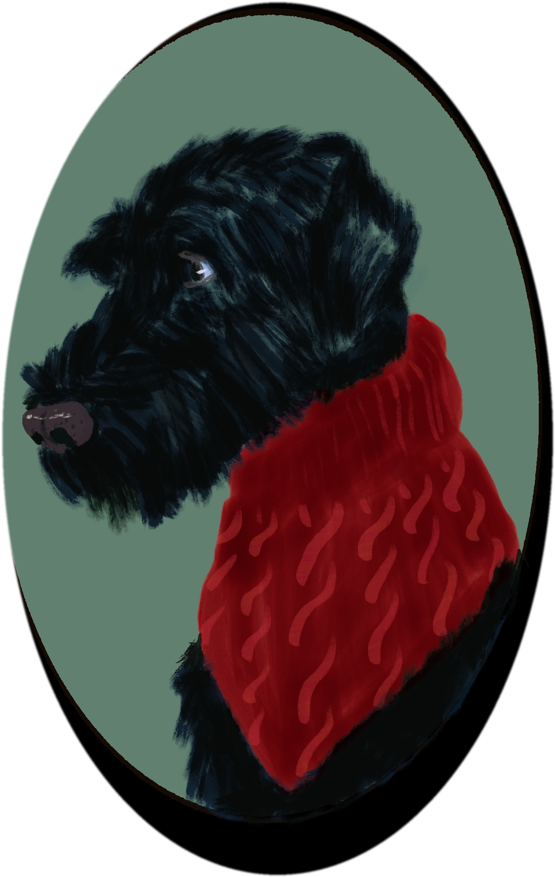 Black Dog Defense — the company's namesake, a black dog in a red sweater